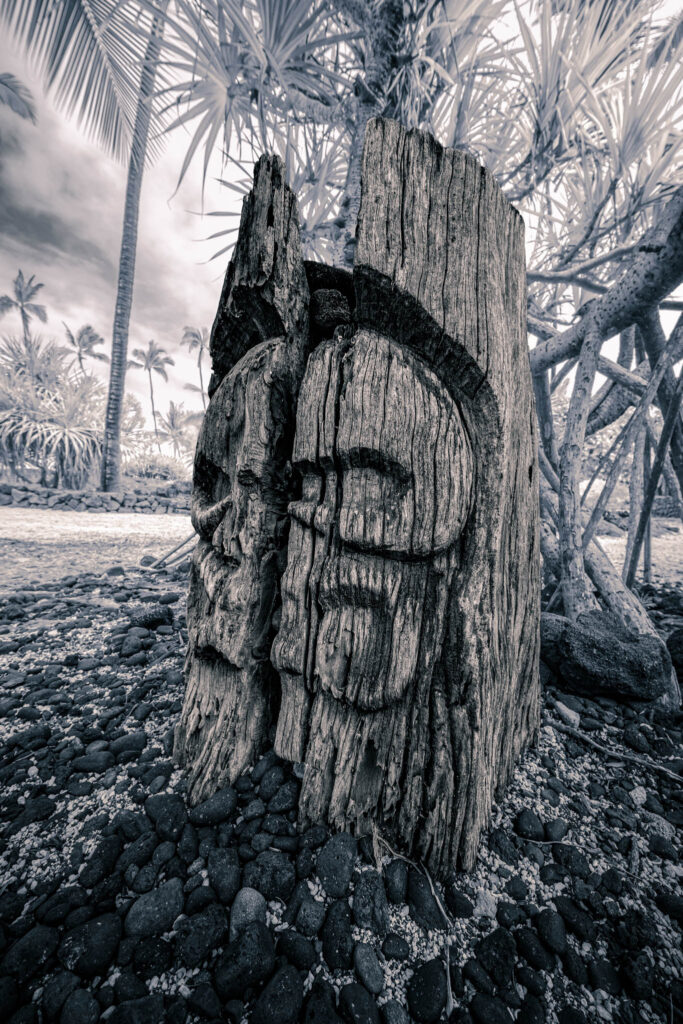 Puʻuhonua o Hōnaunau National Historical Park, Hōnaunau, Hawai'i (photo August 21, 2021): kiʻi (fragment of deity statue, recreated early 21st C.).