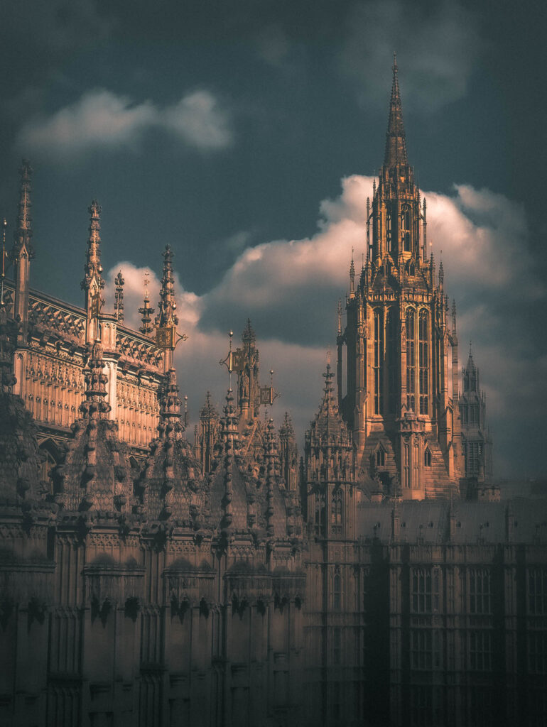 Palace of Westminster (photo April 17, 2023) photographed from Weston Tower, Westminster Abbey