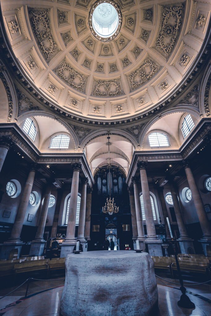St. Stephen Walbrook, City of London (April 14 2023): Christopher Wren architect, 1679; altar, Henry Moore sculptor, 1983.
