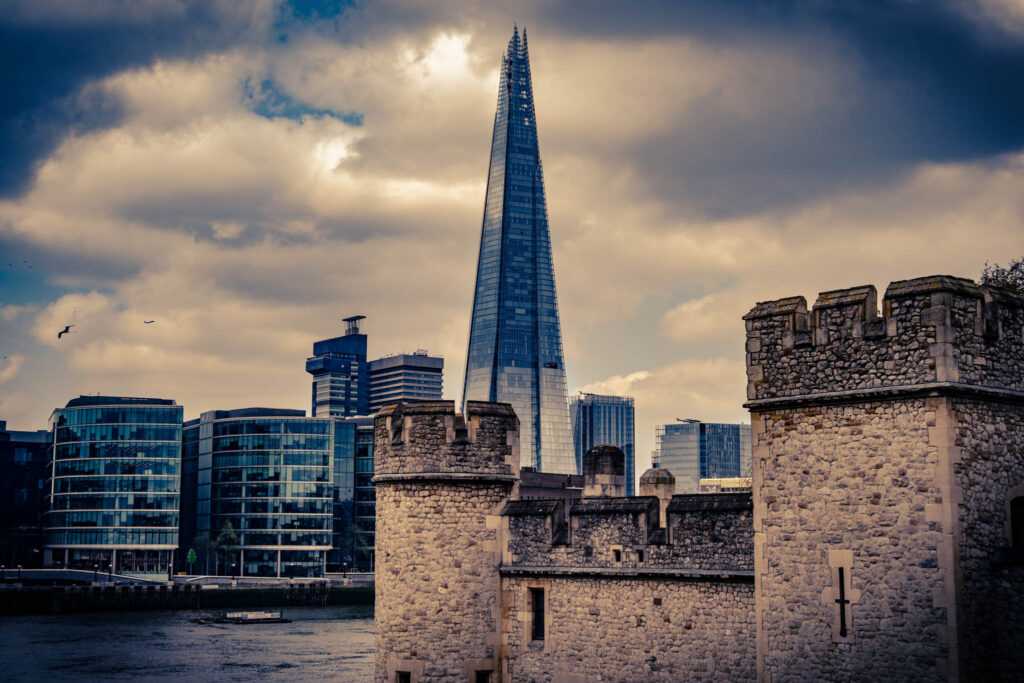 Shard London Bridge[ (photo April 18, 2023) Renzo Piano architect, 2012) from the Tower of London (St. Thomas' Tower right)