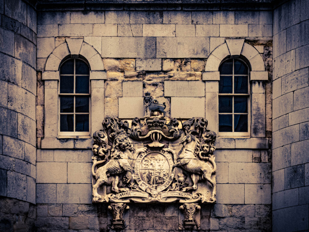 Tower of London (photo April 18, 2023): Middle Tower, built 1275-1281, with escutcheon of Hanoverian royal arms