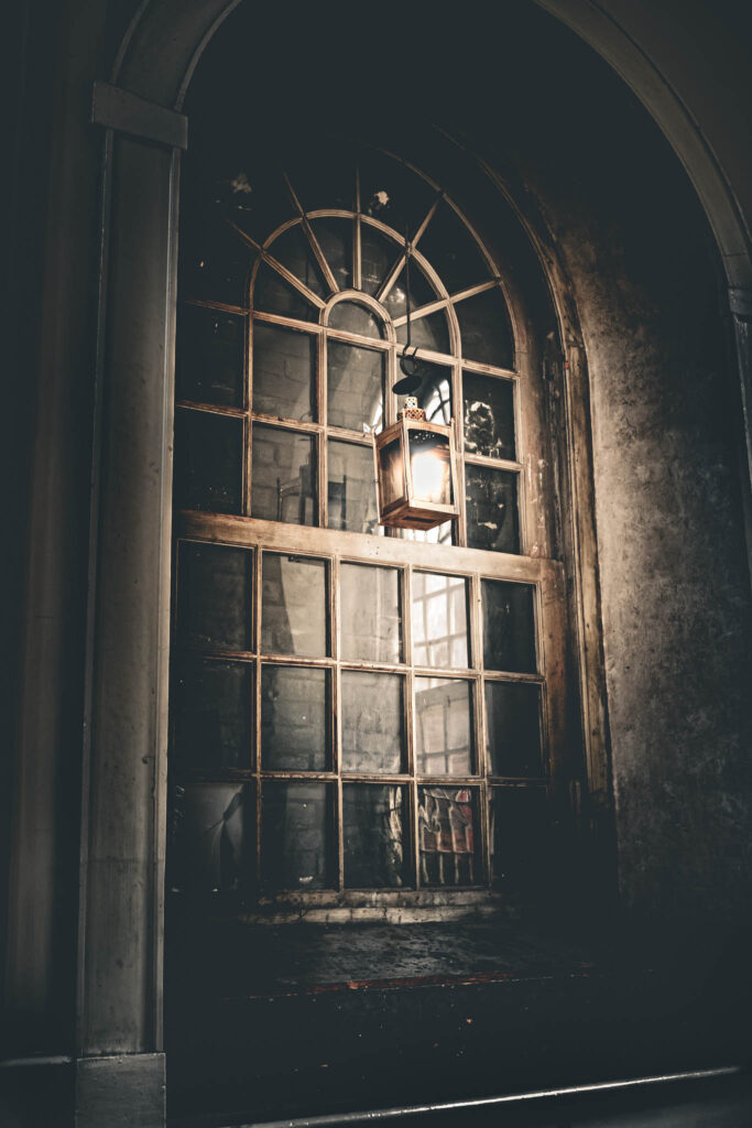 Old North Church (Christ Church in the City of Boston) (b. 1723, photo August 21, 2025): replica lantern and window in nave, 1976.