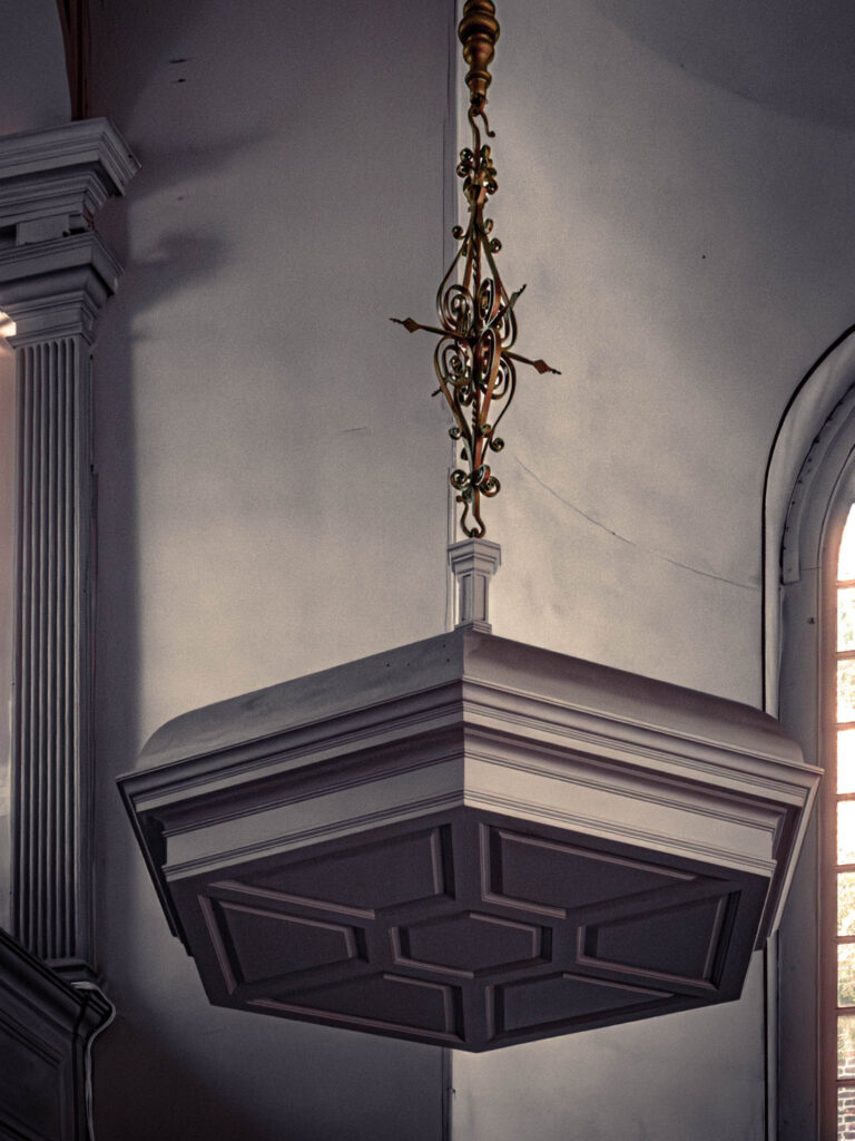 Old North Church (Christ Church in the City of Boston) (b. 1723, photo August 21, 2025): suspended soundboard above pulpit, recreated 1912.