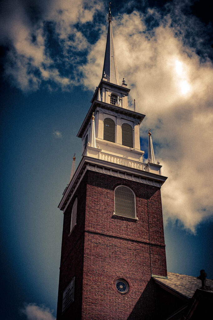 Old North Church (Christ Church in the City of Boston) (b. 1723, photo August 21, 2025): recreated (third) steeple b. 1955, to Charles Bulfinch design of second steeple 1806.