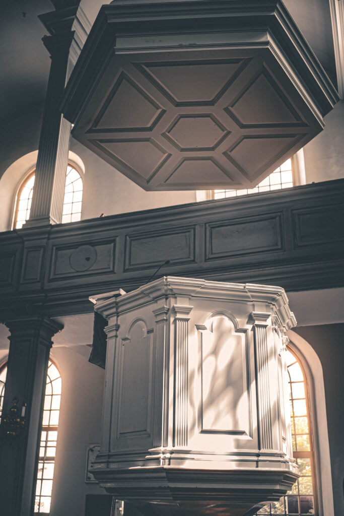 Old North Church (Christ Church in the City of Boston) (b. 1723, photo August 21, 2025): suspended soundboard with raised pulpit, recreated 1912.