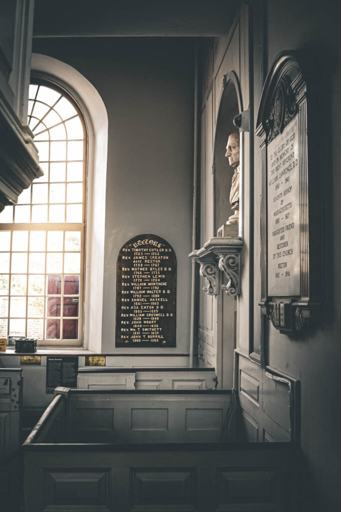 Old North Church (Christ Church in the City of Boston) (b. 1723, photo August 21, 2025): bust of George Washington c.1790 by or in style of Christian Gullager, donated 1815 by Shubael Bell.