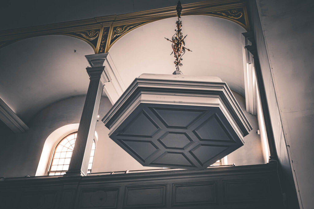 Old North Church (Christ Church in the City of Boston) (b. 1723, photo August 21, 2025): suspended soundboard above pulpit, recreated 1912.