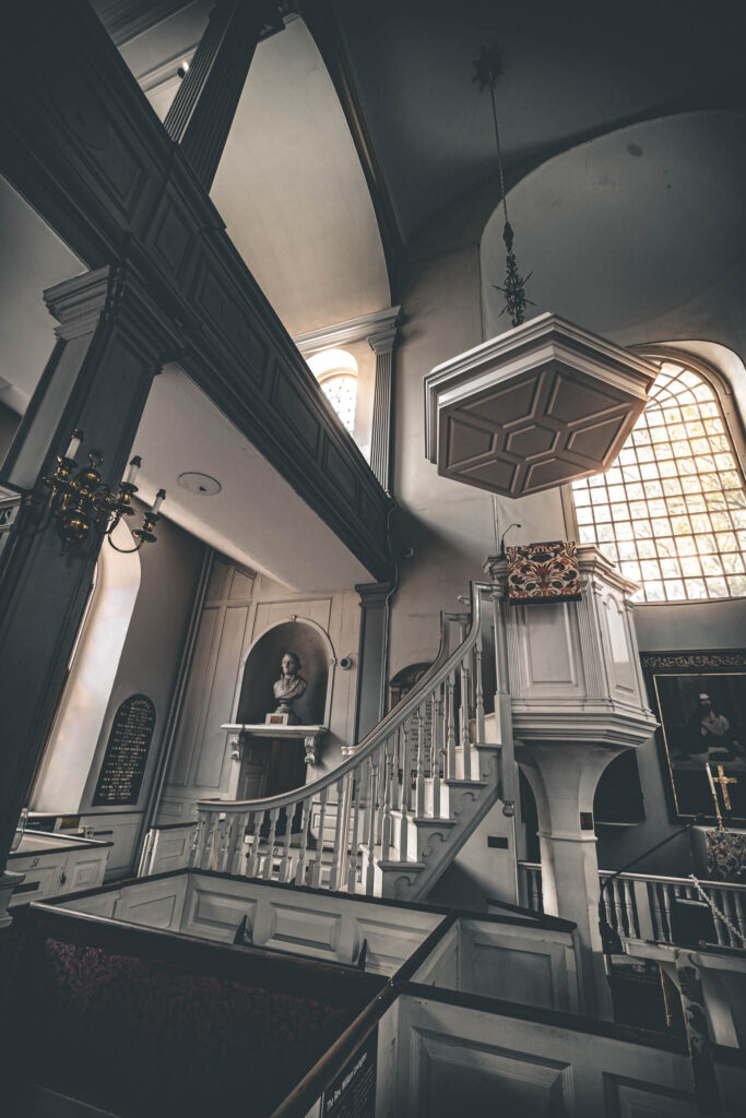 Old North Church (Christ Church in the City of Boston) (b. 1723, photo August 21, 2025): suspended soundboard with raised pulpit, recreated 1912.