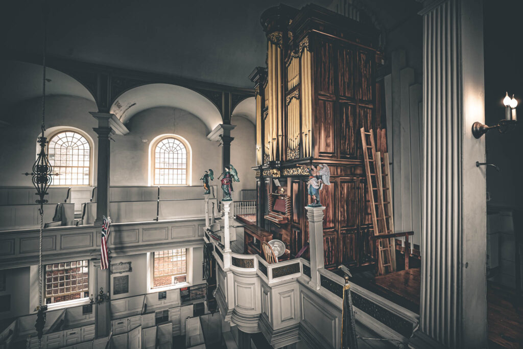 Old North Church (Christ Church in the City of Boston) (b. 1723, photo August 21, 2025) organ by Thomas Johnston 1759; captured French angels donated by privateer Thomas Gruchy in 1746.