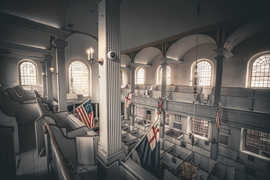Old North Church (Christ Church in the City of Boston) (b. 1723, photo August 21, 2025) nave with North and South Galleries