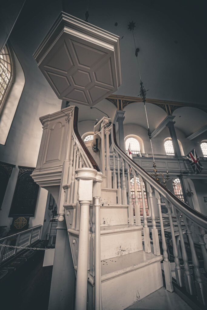 Old North Church (Christ Church in the City of Boston) (b. 1723, photo August 21, 2025): suspended soundboard with raised pulpit, recreated 1912.
