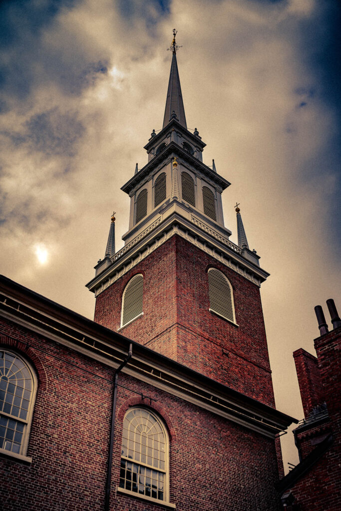 Old North Church (Christ Church in the City of Boston) (b. 1723, photo August 21, 2025): recreated (third) steeple b. 1955, to Charles Bulfinch design of second steeple 1806.