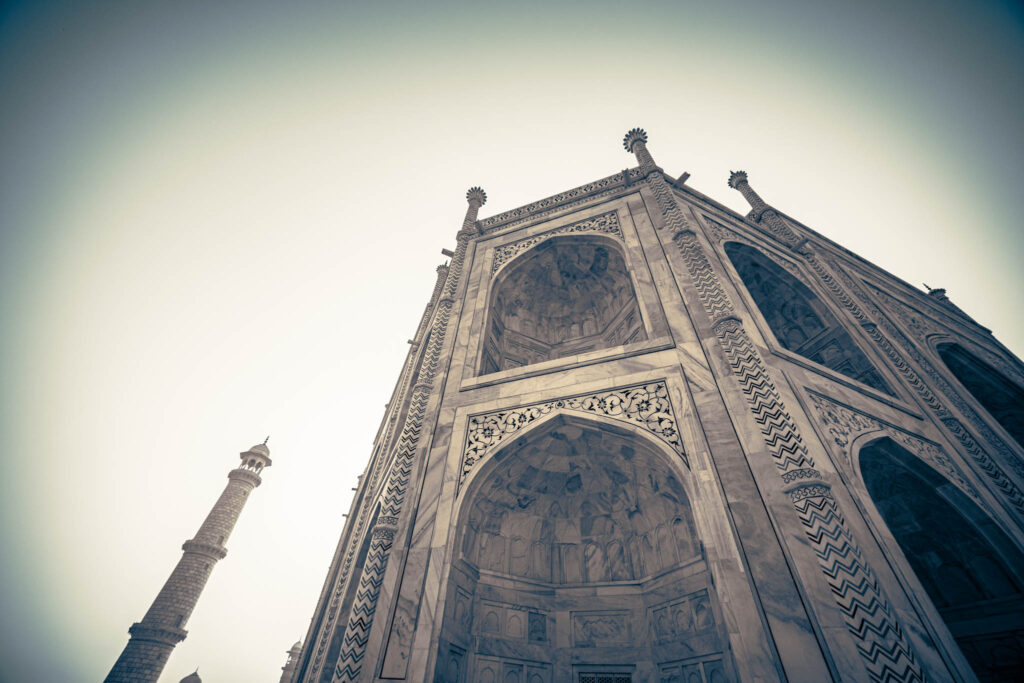 Taj Mahal (photo October 26, 2019): mausoleum southwest corner from charbaghTaj Mahal (photo October 26, 2019): mausoleum southwest corner & minaret
