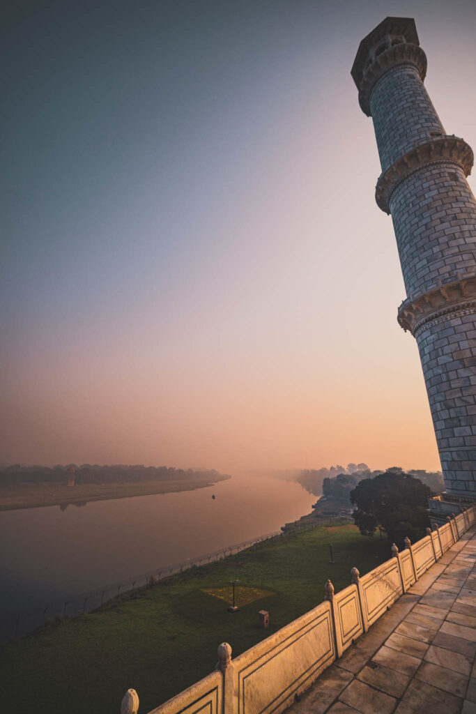 Taj Mahal (photo October 26, 2019): mausoleum south face from charbaghTaj Mahal (photo October 26, 2019): Yamuna River & minaret