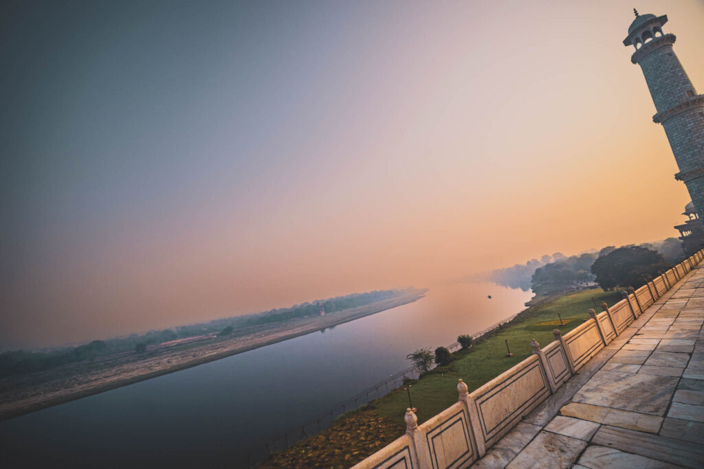 Taj Mahal (photo October 26, 2019): mausoleum south face from charbaghTaj Mahal (photo October 26, 2019): Yamuna River & minaret