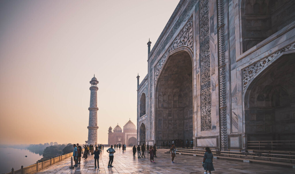 Taj Mahal (photo October 26, 2019): mausoleum south face from charbaghTaj Mahal (photo October 26, 2019): mausoleum north face, minaret, & Mihman Khana in the distance