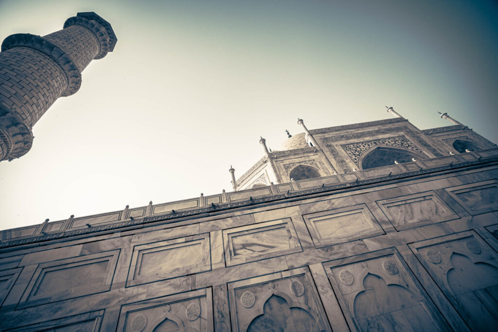Taj Mahal (photo October 26, 2019): mausoleum south face from charbaghTaj Mahal (photo October 26, 2019): mausoleum south face & minaret from below platform