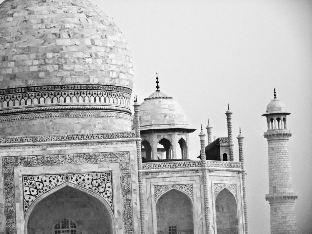 Taj Mahal (photo October 26, 2019): mausoleum south face from charbaghTaj Mahal (photo October 26, 2019): mausoleum south face & minaret