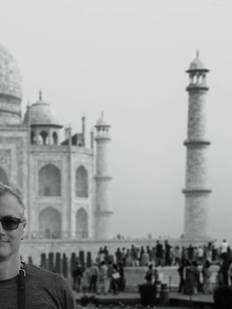 Taj Mahal (photo October 26, 2019): mausoleum south face from charbagh with Lewis Wadsworth in foreground, photo by Felipe Trigo
