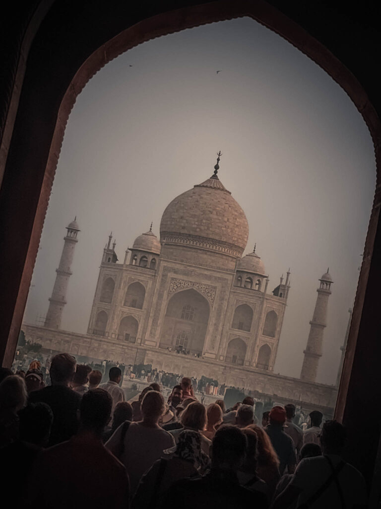 Taj Mahal (October 26, 2019): mausoleum through opening of Darwaza-i rauza (Great Gate)