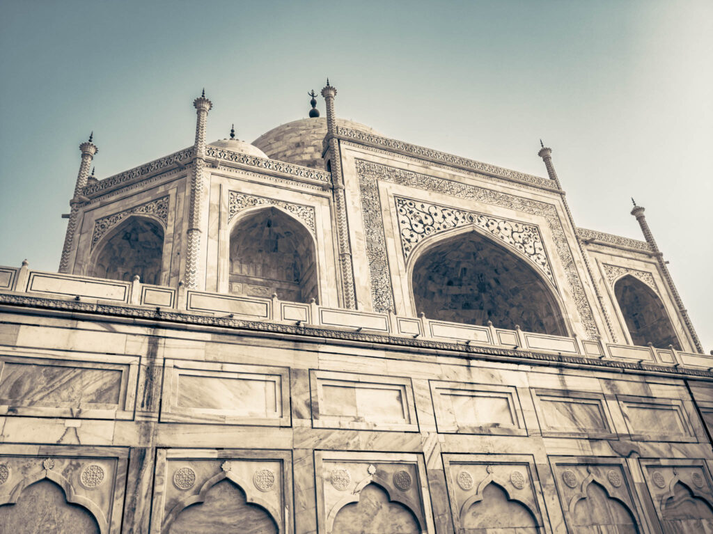 Taj Mahal (photo October 26, 2019): mausoleum south face from charbaghTaj Mahal (photo October 26, 2019): mausoleum south face from below platform