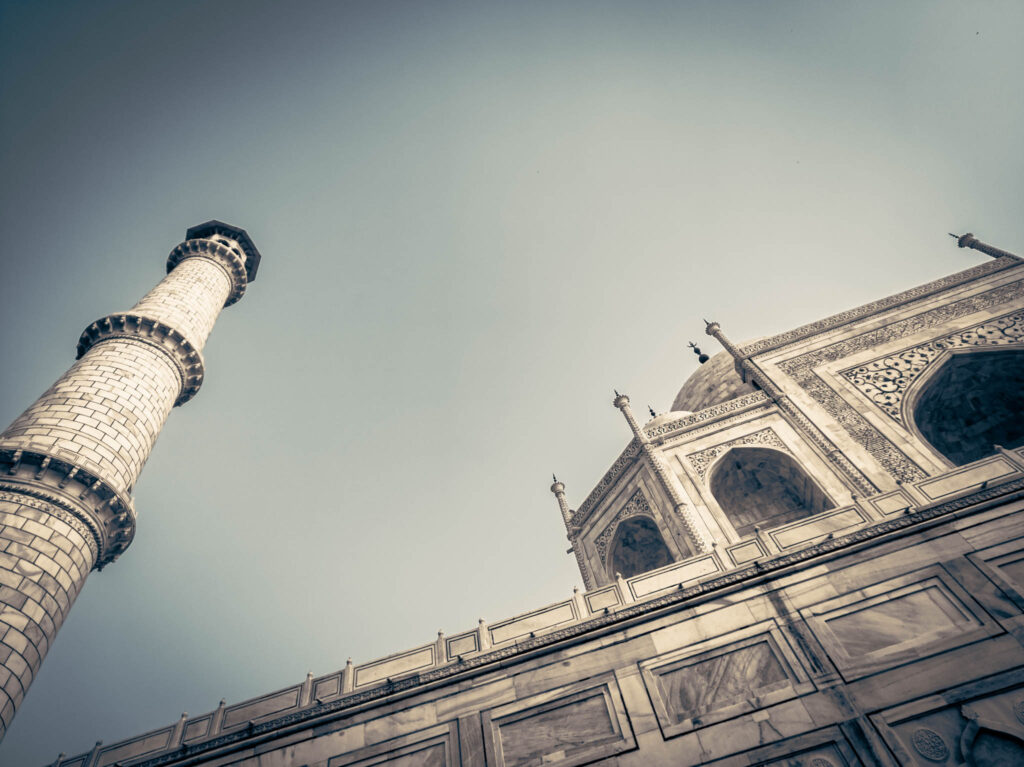 Taj Mahal (photo October 26, 2019): mausoleum south face from charbaghTaj Mahal (photo October 26, 2019): mausoleum south face & minaret from below platform