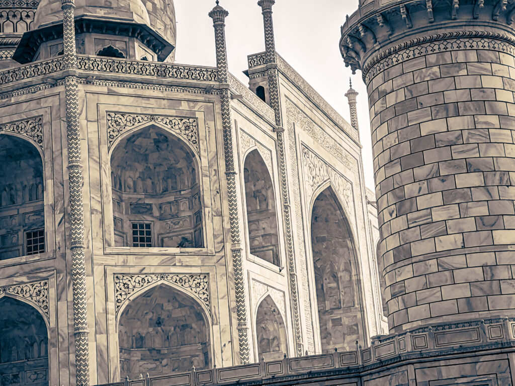 Taj Mahal (photo October 26, 2019): mausoleum south face from charbaghTaj Mahal (photo October 26, 2019): mausoleum south face & minaret from below platform