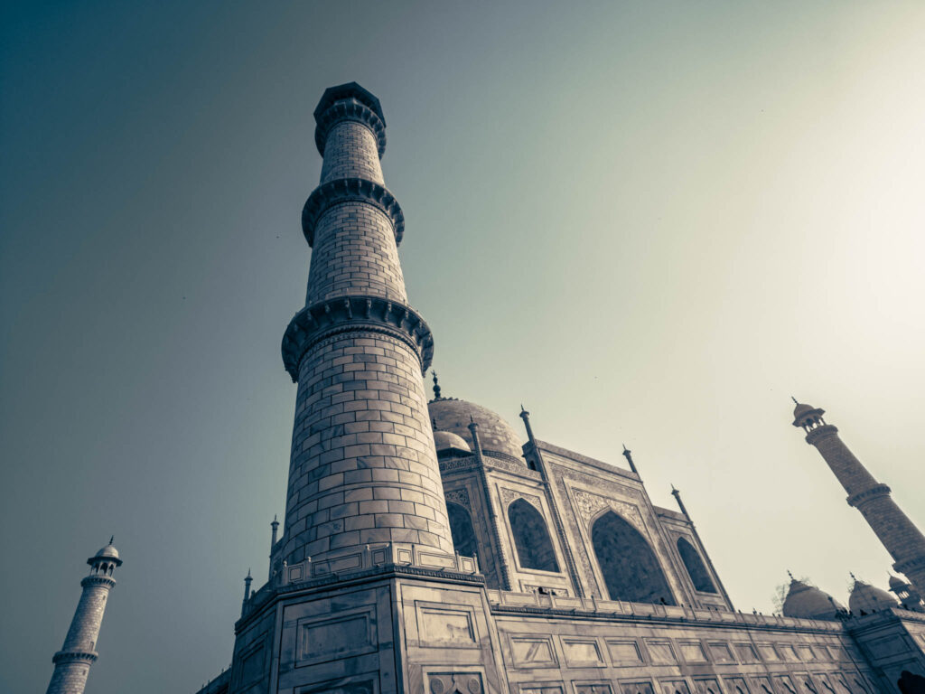 Taj Mahal (photo October 26, 2019): mausoleum south face from charbaghTaj Mahal (photo October 26, 2019): mausoleum south face & minarets from below platform
