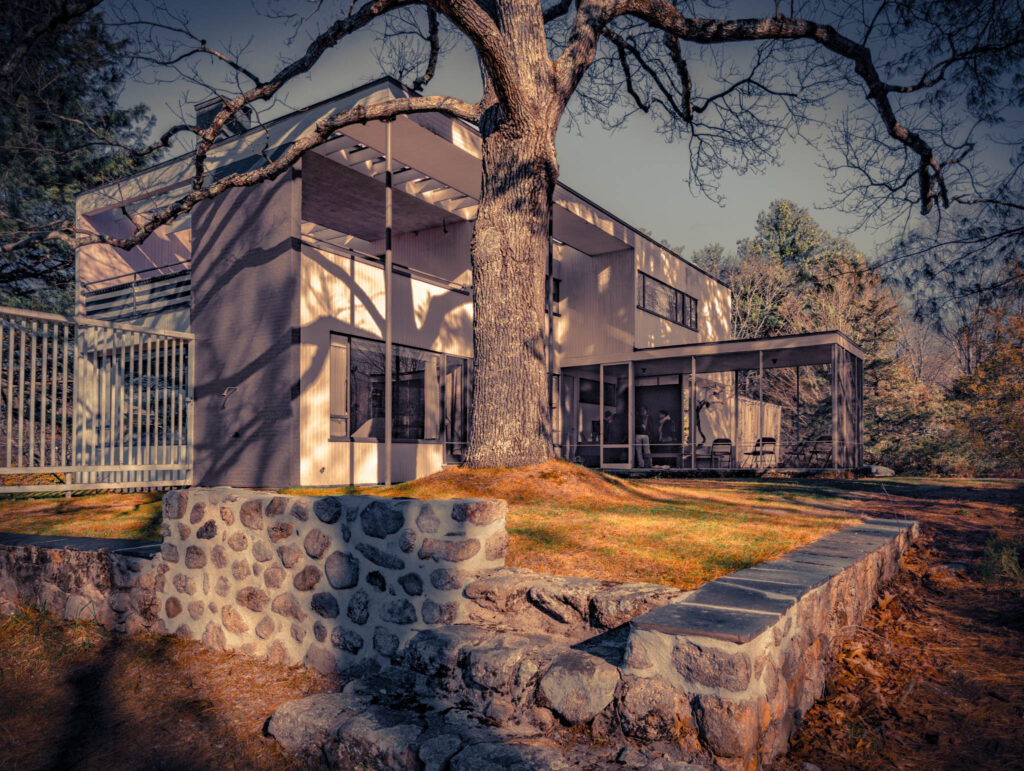 Gropius House, Lincoln, Massachussetts, b. 1939, Walter Gropius archit. (photo November 29, 2025): west elevation