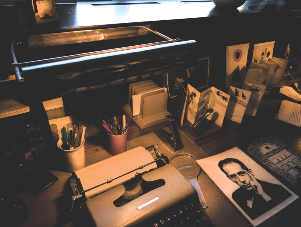 Gropius House, Lincoln, Massachussetts, b. 1939, Walter Gropius archit. (photo November 29, 2025): office, Gropius' side of the double desk