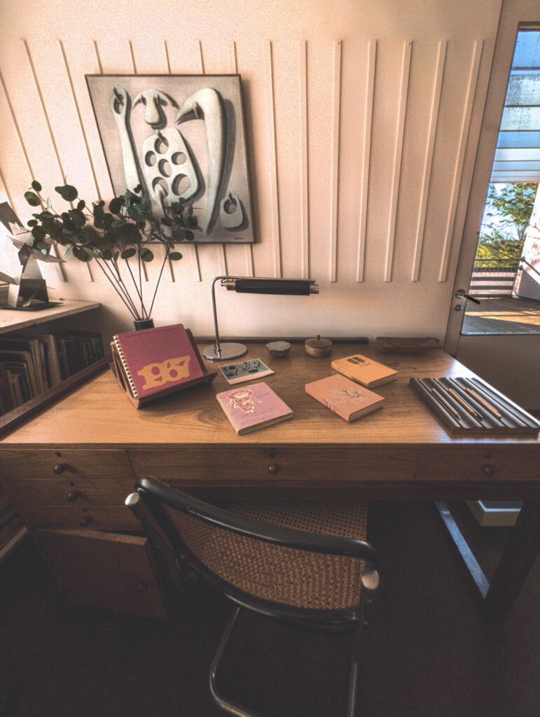 Gropius House, Lincoln, Massachussetts, b. 1939, Walter Gropius archit. (photo November 29, 2025): child's room with original Bauhaus director's desk designed by Gropius in 1923; painting "Stable Tools" by former Bauhaus student Herbert Bayer, 1935