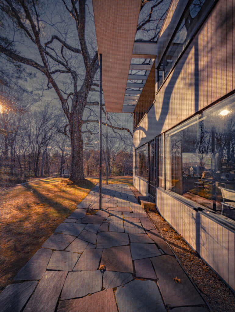 Gropius House, Lincoln, Massachussetts, b. 1939, Walter Gropius archit. (photo November 29, 2025): south elevation from screened porch