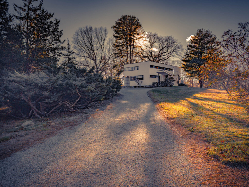 Gropius House, Lincoln, Massachussetts, b. 1939, Walter Gropius archit. (photo November 29, 2025): northeast view from driveway
