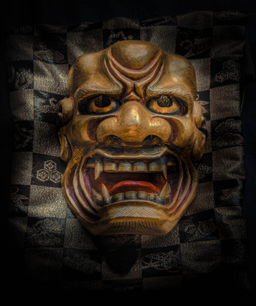 Sado Daizen Shrine Noh Stage, Takeda, Sado Island, rebuilt 1846 (photo Nov. 6, 2025): antique 獅子口 (Shishiguchi "Lion's Mouth", divine lion messenger of Bodhisattva Manjusri) nō-men.