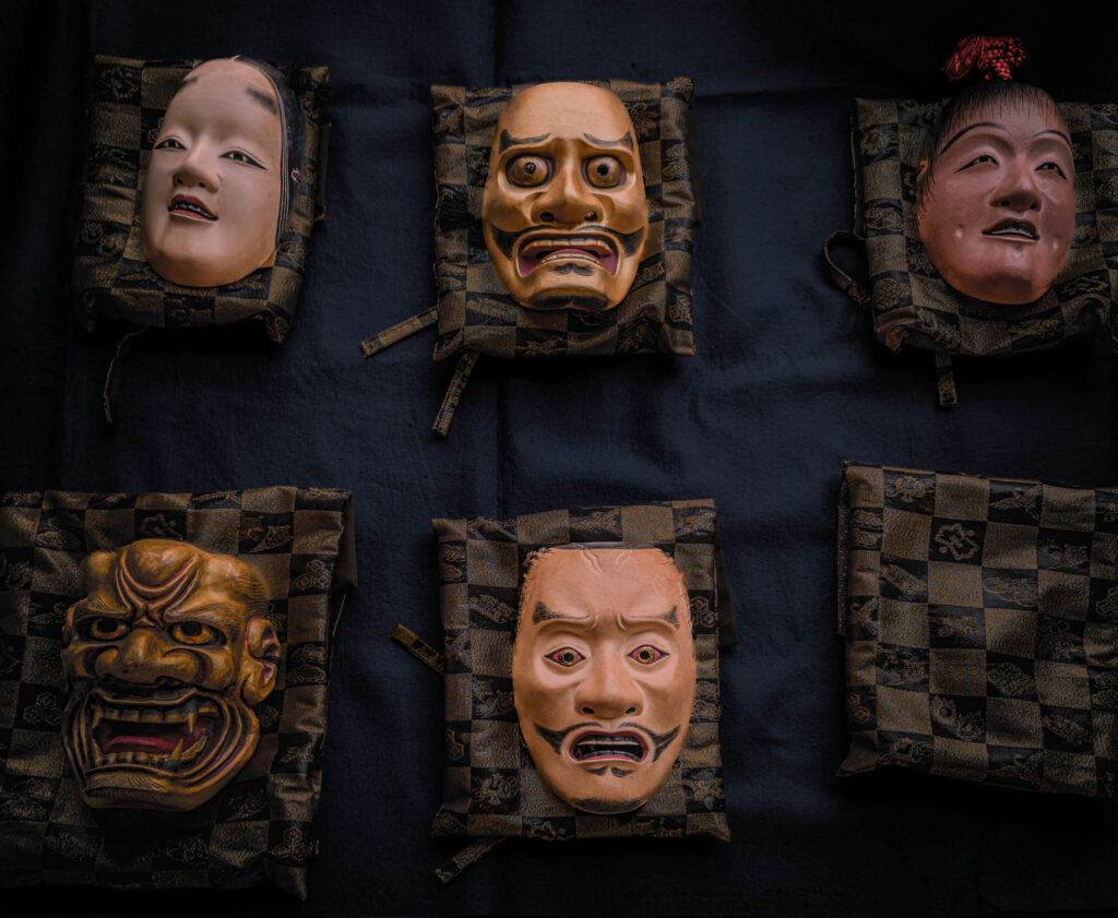 Sado Daizen Shrine Noh Stage, Takeda, Sado Island, rebuilt 1846 (photo Nov. 6, 2025): antique nō-men.