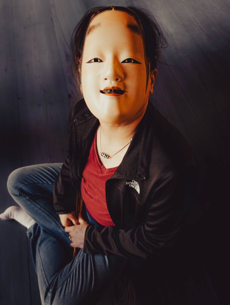 Sado Daizen Shrine Noh Stage, Takeda, Sado Island, rebuilt 1846 (Nov. 6, 2025): KY wearing antique 万媚 (Manbi, demon disguised as a young woman) nō-men.