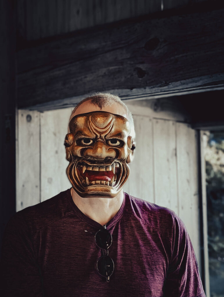 Sado Daizen Shrine Noh Stage, Takeda, Sado Island, rebuilt 1846 (photo Nov. 6, 2025): antique 獅子口 (Shishiguchi "Lion's Mouth", divine lion messenger of Bodhisattva Manjusri) nō-men.