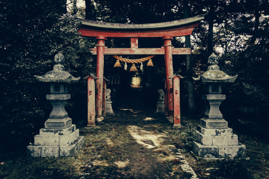 Daizen Shrine, Takeda, Sado Island, (photo Nov. 6, 2025): torii gate and sandō (approach to shrine).