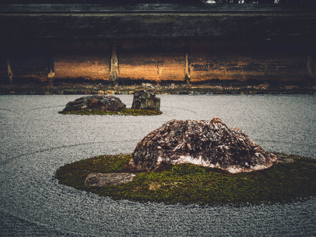 Hojo Teien karesansui rock garden, Ryōan-ji "Peaceful Dragon Temple", Kyoto (photo November 10, 2025): original design by painter Sōami (d.1525), current form late 18th C. by painter Akisato Rito (d. 1830) and/or "Kotaro" and "Hikojiro" sensui kawaramono (low-status riverbank workers).