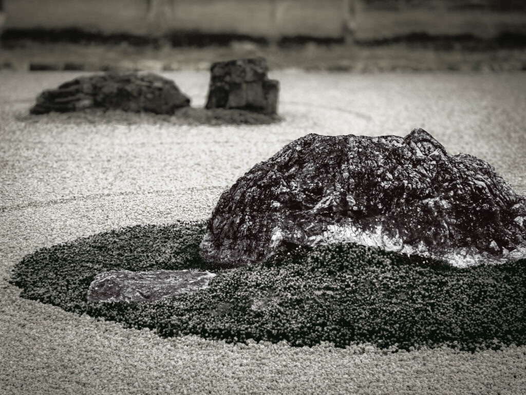 Hojo Teien karesansui rock garden, Ryōan-ji "Peaceful Dragon Temple", Kyoto (photo November 10, 2025): original design by painter Sōami (d.1525), current form late 18th C. by painter Akisato Rito (d. 1830) and/or "Kotaro" and "Hikojiro" sensui kawaramono (low-status riverbank workers).