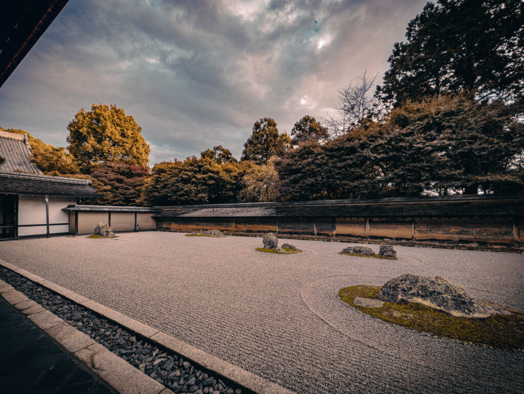Hojo Teien karesansui rock garden, Ryōan-ji "Peaceful Dragon Temple", Kyoto (photo November 10, 2025): original design by painter Sōami (d.1525), current form late 18th C. by painter Akisato Rito (d. 1830) and/or "Kotaro" and "Hikojiro" sensui kawaramono (low-status riverbank workers).