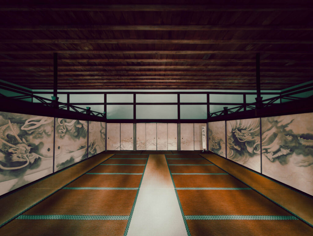 Ryōan-ji "Peaceful Dragon Temple", Kyoto (photo November 10, 2025), estab. 11th C., rebuilt 1488, current form late 18th C.: interior of Hojo (Abbot's quarters).