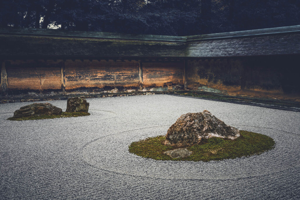 Hojo Teien karesansui rock garden, Ryōan-ji "Peaceful Dragon Temple", Kyoto (photo November 10, 2025): original design by painter Sōami (d.1525), current form late 18th C. by painter Akisato Rito (d. 1830) and/or "Kotaro" and "Hikojiro" sensui kawaramono (low-status riverbank workers).