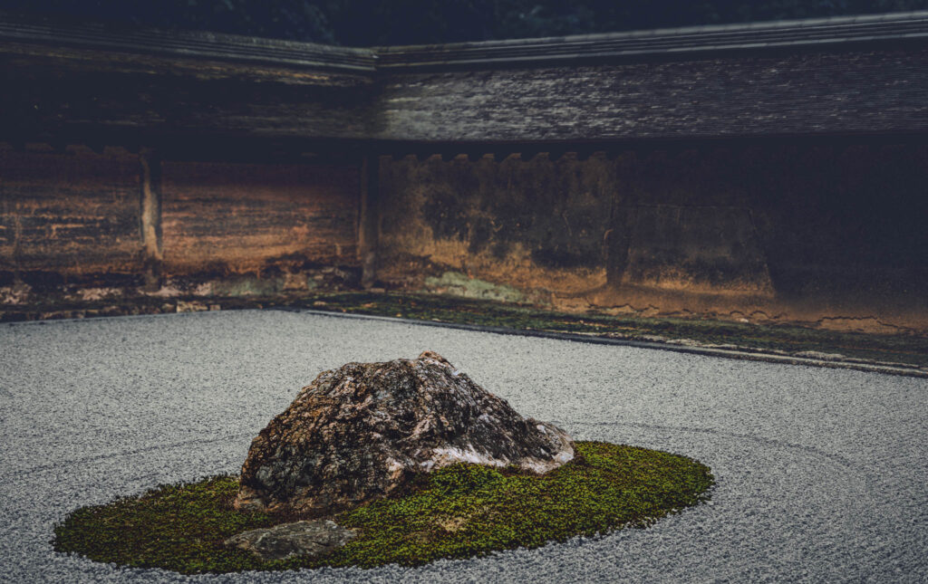 Hojo Teien karesansui rock garden, Ryōan-ji "Peaceful Dragon Temple", Kyoto (photo November 10, 2025): original design by painter Sōami (d.1525), current form late 18th C. by painter Akisato Rito (d. 1830) and/or "Kotaro" and "Hikojiro" sensui kawaramono (low-status riverbank workers).