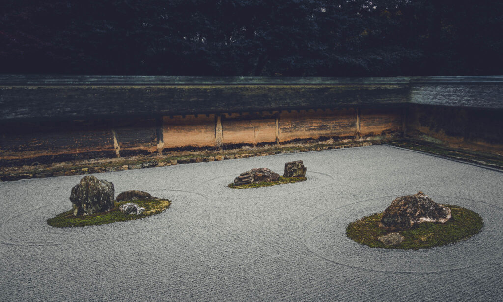 Hojo Teien karesansui rock garden, Ryōan-ji "Peaceful Dragon Temple", Kyoto (photo November 10, 2025): original design by painter Sōami (d.1525), current form late 18th C. by painter Akisato Rito (d. 1830) and/or "Kotaro" and "Hikojiro" sensui kawaramono (low-status riverbank workers).