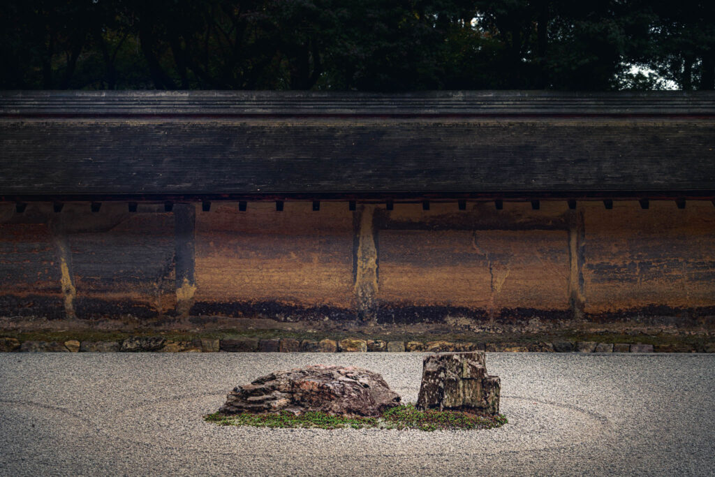 Hojo Teien karesansui rock garden, Ryōan-ji "Peaceful Dragon Temple", Kyoto (photo November 10, 2025): original design by painter Sōami (d.1525), current form late 18th C. by painter Akisato Rito (d. 1830) and/or "Kotaro" and "Hikojiro" sensui kawaramono (low-status riverbank workers).