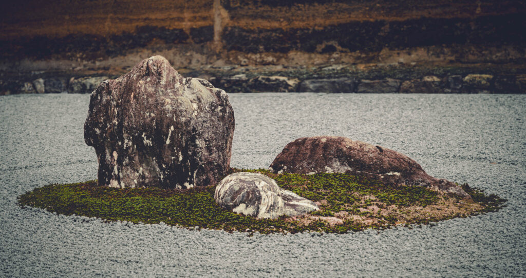Hojo Teien karesansui rock garden, Ryōan-ji "Peaceful Dragon Temple", Kyoto (photo November 10, 2025): original design by painter Sōami (d.1525), current form late 18th C. by painter Akisato Rito (d. 1830) and/or "Kotaro" and "Hikojiro" sensui kawaramono (low-status riverbank workers).