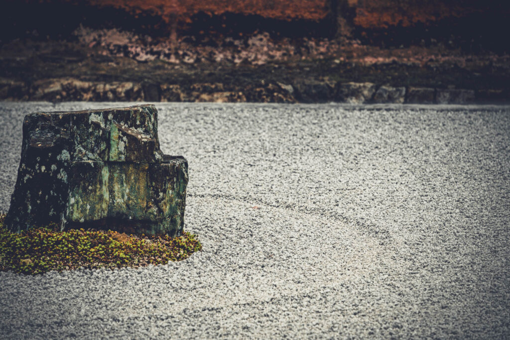 Hojo Teien karesansui rock garden, Ryōan-ji "Peaceful Dragon Temple", Kyoto (photo November 10, 2025): original design by painter Sōami (d.1525), current form late 18th C. by painter Akisato Rito (d. 1830) and/or "Kotaro" and "Hikojiro" sensui kawaramono (low-status riverbank workers).