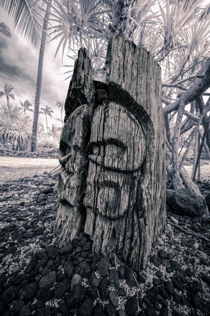 Puʻuhonua o Hōnaunau National Historical Park, Hōnaunau, Hawai'i (photo August 21, 2021): kiʻi (fragment of deity statue, recreated early 21st C.).
