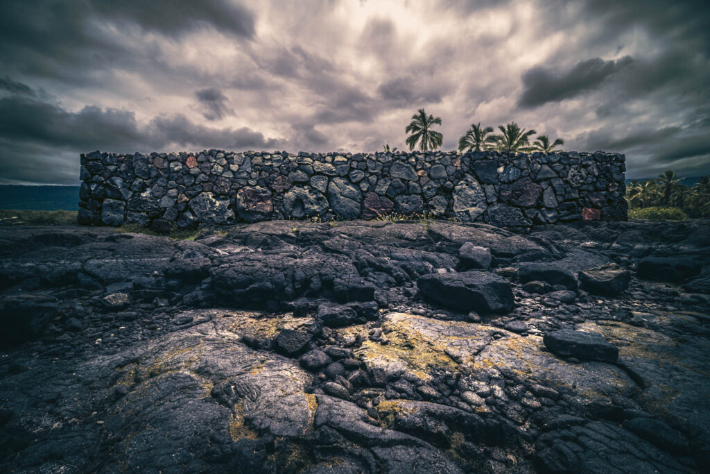 Puʻuhonua o Hōnaunau National Historical Park, Hōnaunau, Hawai'i (photo August 21, 2021): ʻĀleʻaleʻa heiau (māpele-style temple platform, burial site, and hula-viewing platform, oriented towards rising of star Arcturus).